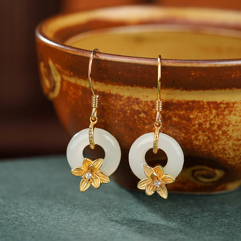 Boucles d'oreilles en argent sterling 925 avec Buddha Stones et jade Hetian, boucle de paix, orchidée, prospérité - Boucle de ceinture Peace Orchidée dorée (tiges en argent sterling 925) - image 0