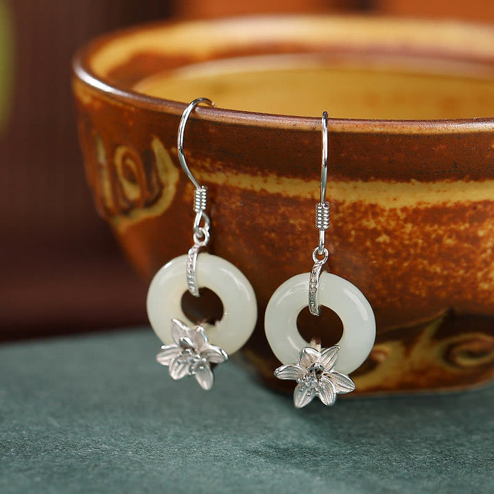 Boucles d'oreilles en argent sterling 925 avec Buddha Stones et jade Hetian, boucle de paix, orchidée, prospérité