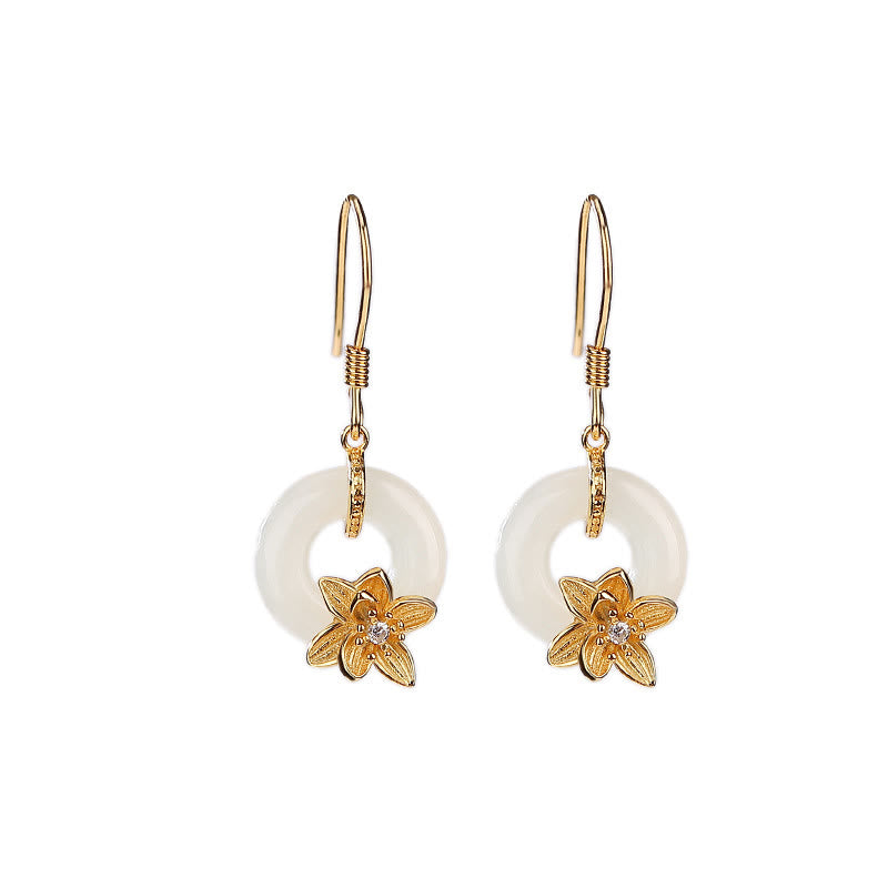 Boucles d'oreilles en argent sterling 925 avec Buddha Stones et jade Hetian, boucle de paix, orchidée, prospérité