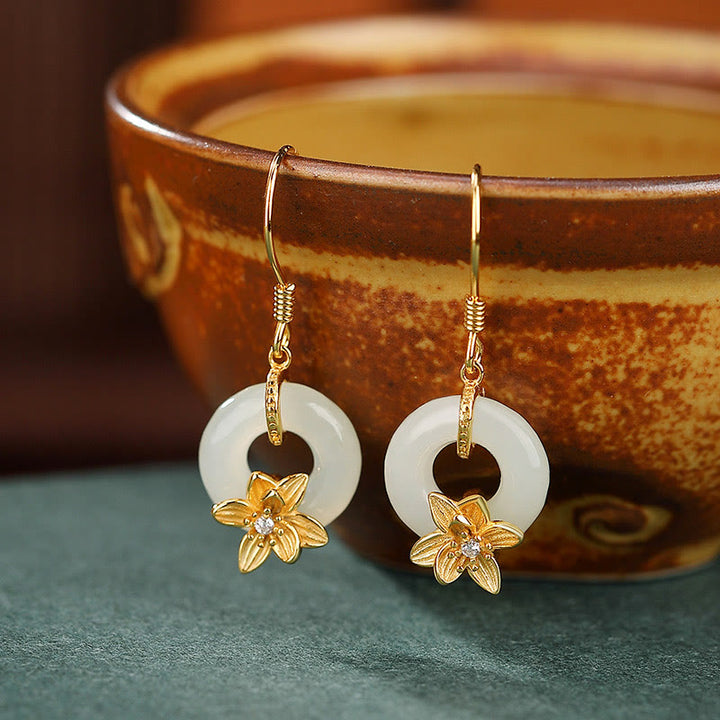 Boucles d'oreilles en argent sterling 925 avec Buddha Stones et jade Hetian, boucle de paix, orchidée, prospérité - Boucle de ceinture Peace Orchidée dorée (tiges en argent sterling 925) - image 0