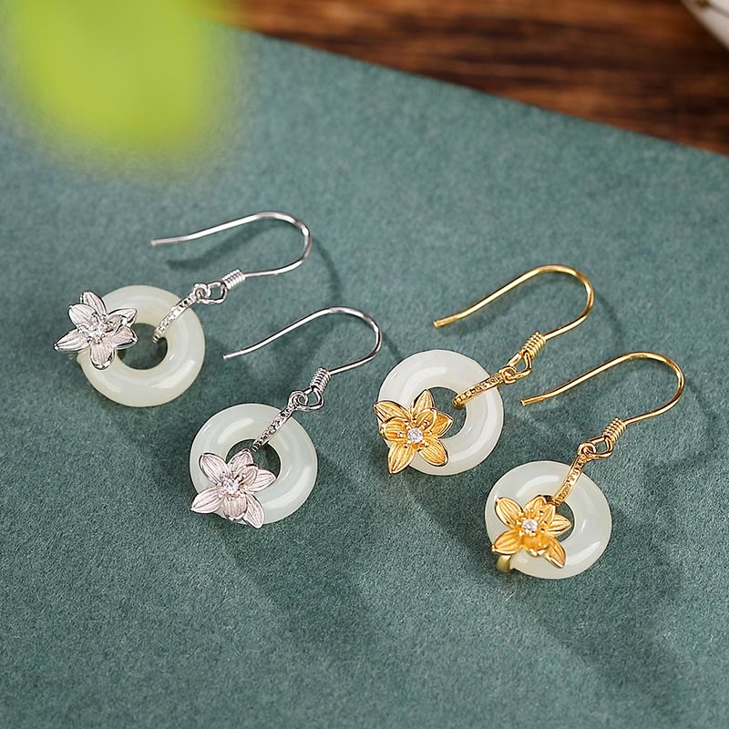 Boucles d'oreilles en argent sterling 925 avec Buddha Stones et jade Hetian, boucle de paix, orchidée, prospérité