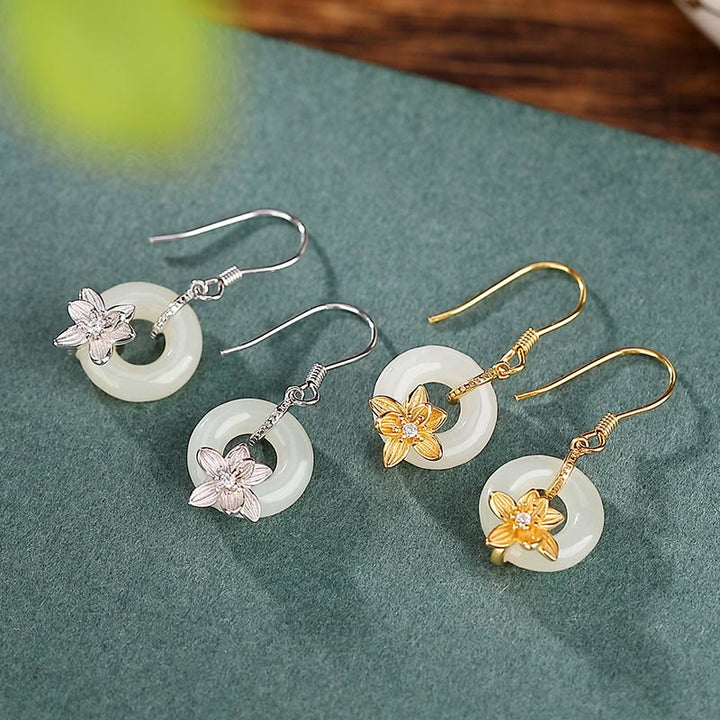 Boucles d'oreilles en argent sterling 925 avec Buddha Stones et jade Hetian, boucle de paix, orchidée, prospérité