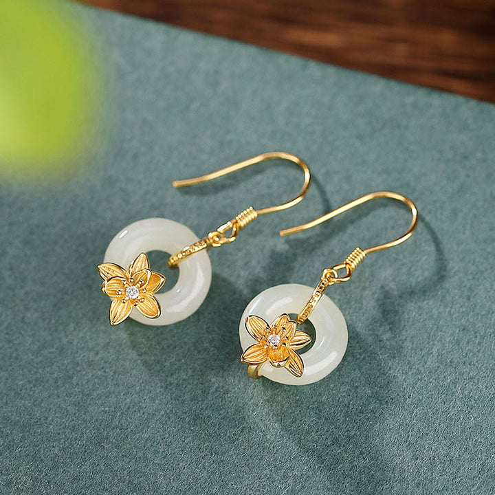 Boucles d'oreilles en argent sterling 925 avec Buddha Stones et jade Hetian, boucle de paix, orchidée, prospérité