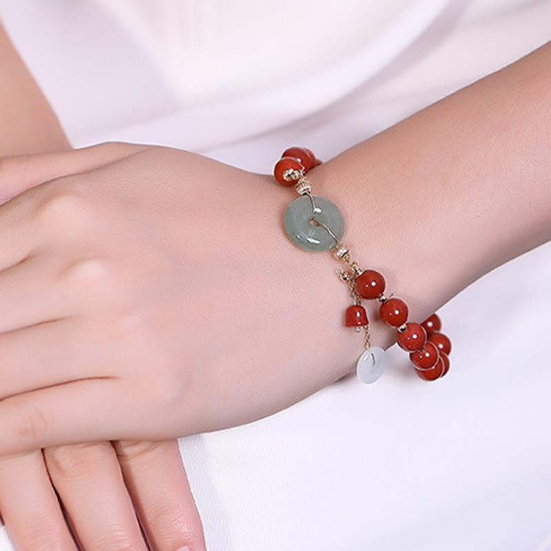 Bracelet de confiance en forme de gourde en cuivre avec boucle de paix en jade et agate rouge rempli d'or 14 carats de Buddha Stones