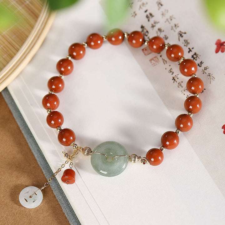 Bracelet de confiance en forme de gourde en cuivre avec boucle de paix en jade et agate rouge rempli d'or 14 carats de Buddha Stones
