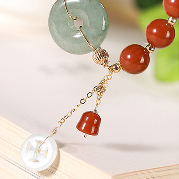 Bracelet de confiance en forme de gourde en cuivre avec boucle de paix en jade et agate rouge rempli d'or 14 carats de Buddha Stones