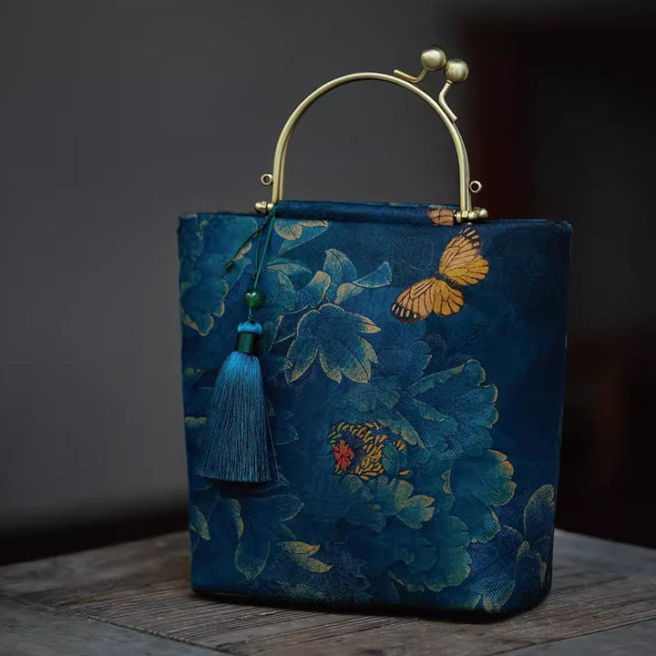 Sac à bandoulière en métal avec Buddha Stones , papillons, sac à bandoulière