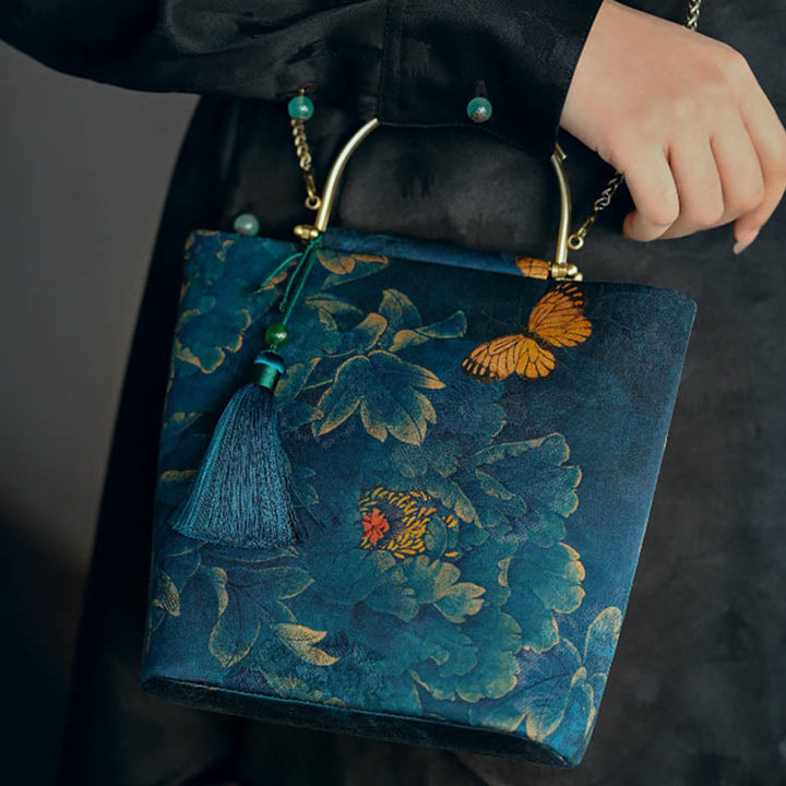 Sac à bandoulière en métal avec Buddha Stones , papillons, sac à bandoulière