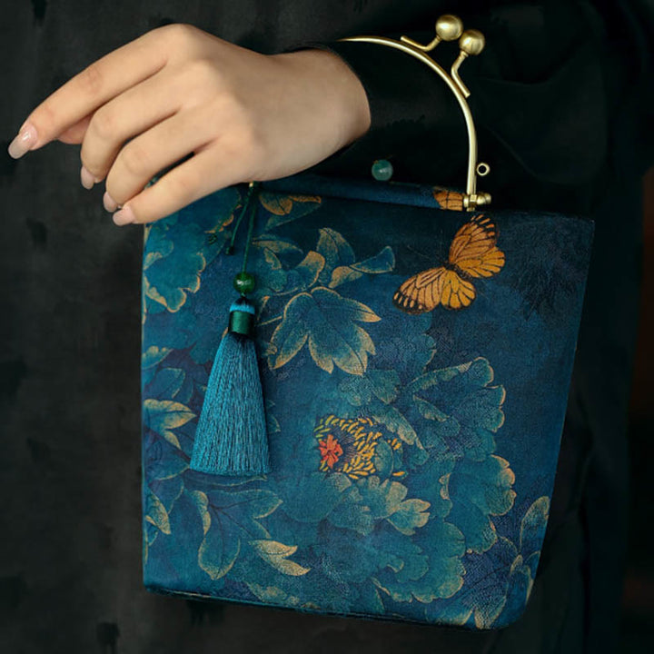 Sac à bandoulière en métal avec Buddha Stones , papillons, sac à bandoulière