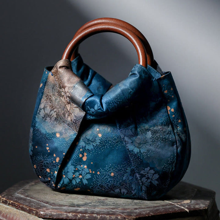 Sac à main fait main en jacquard avec poignée en bois bleu Buddha Stones