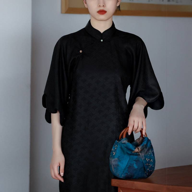 Sac à main fait main en jacquard avec poignée en bois bleu Buddha Stones