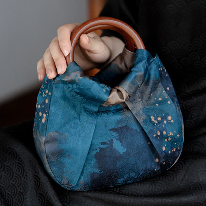 Sac à main fait main en jacquard avec poignée en bois bleu Buddha Stones