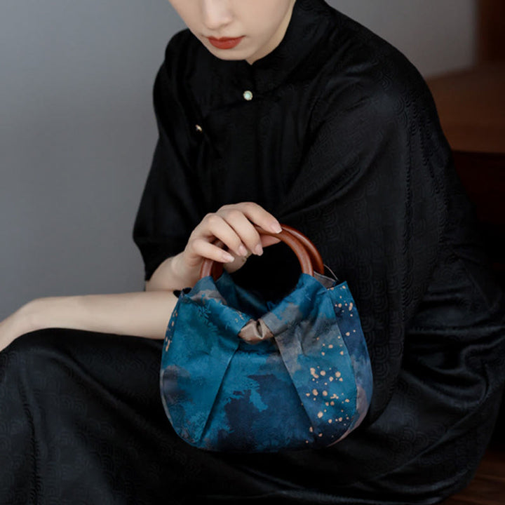 Sac à main fait main en jacquard avec poignée en bois bleu Buddha Stones