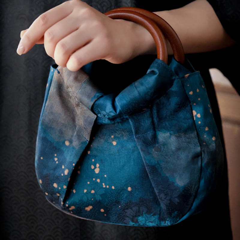 Sac à main fait main en jacquard avec poignée en bois bleu Buddha Stones