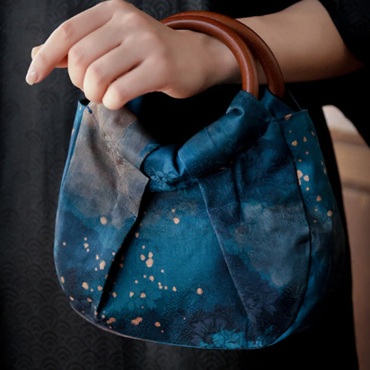 Sac à main fait main en jacquard avec poignée en bois bleu Buddha Stones