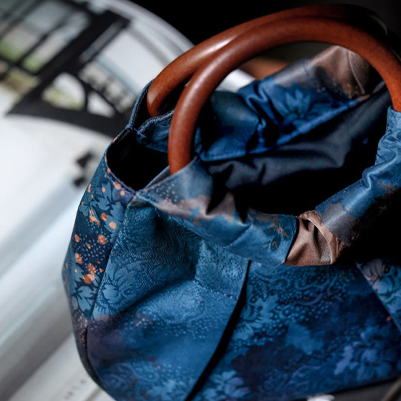 Sac à main fait main en jacquard avec poignée en bois bleu Buddha Stones