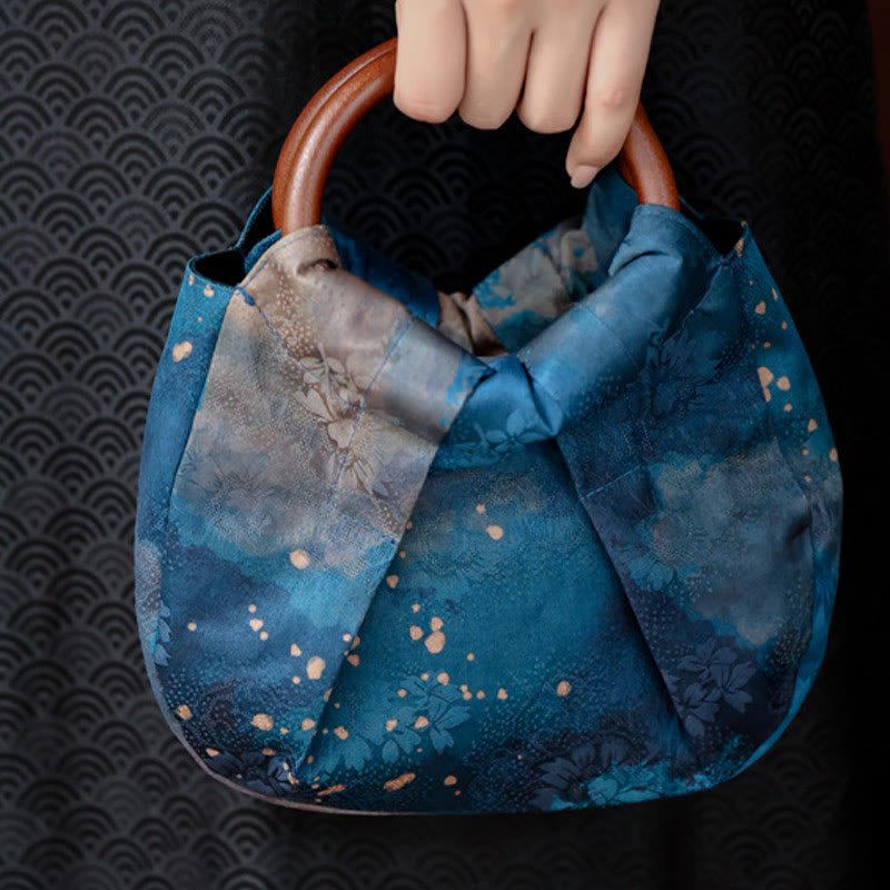 Sac à main fait main en jacquard avec poignée en bois bleu Buddha Stones