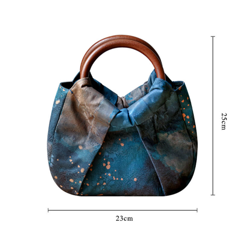 Sac à main fait main en jacquard avec poignée en bois bleu Buddha Stones