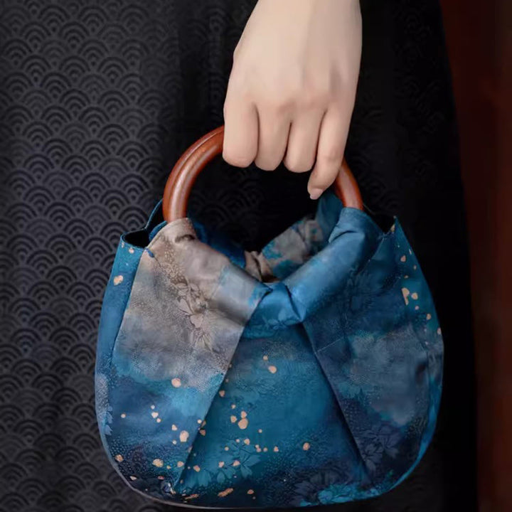 Sac à main fait main en jacquard avec poignée en bois bleu Buddha Stones