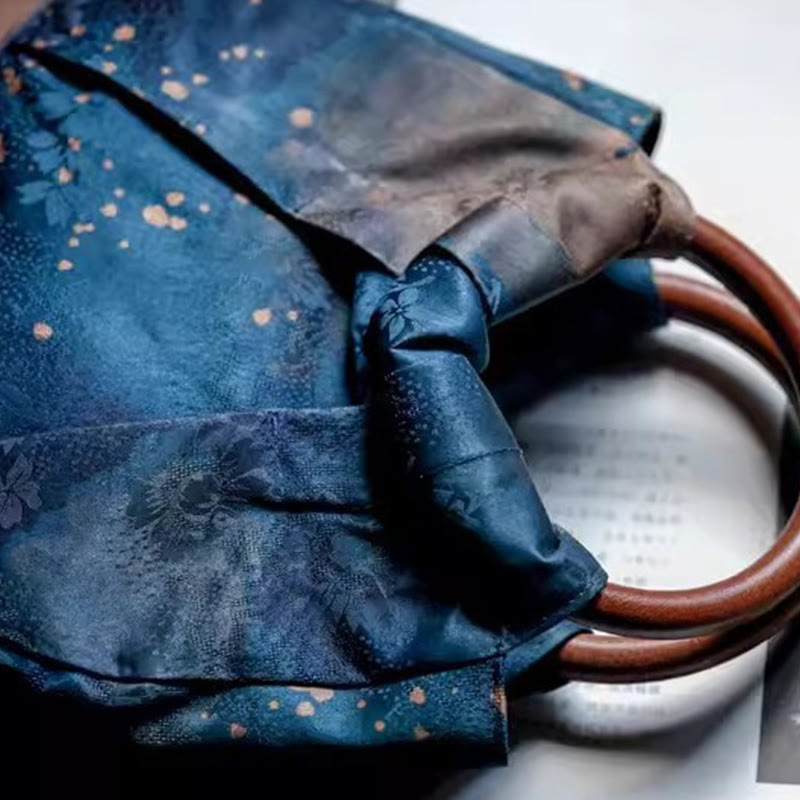 Sac à main fait main en jacquard avec poignée en bois bleu Buddha Stones