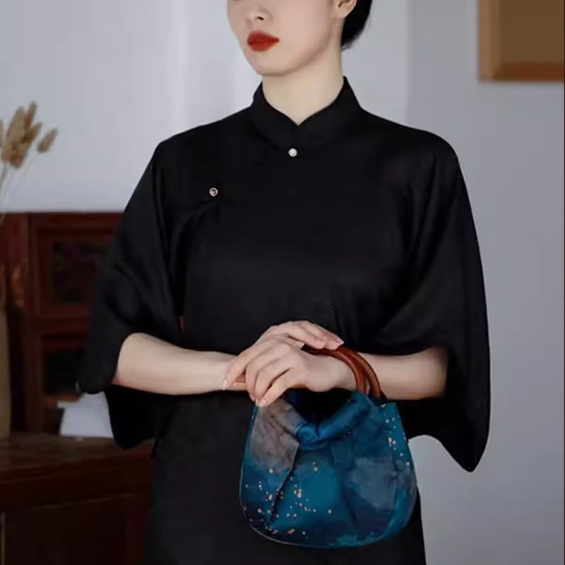 Sac à main fait main en jacquard avec poignée en bois bleu Buddha Stones