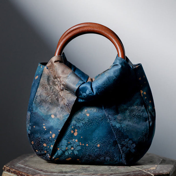 Sac à main fait main en jacquard avec poignée en bois bleu Buddha Stones