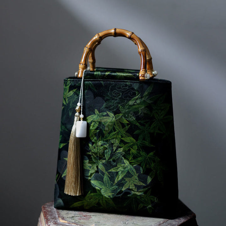 Sac à main avec poignées en bambou, Buddha Stones , feuilles de bambou, papillon, poisson koï