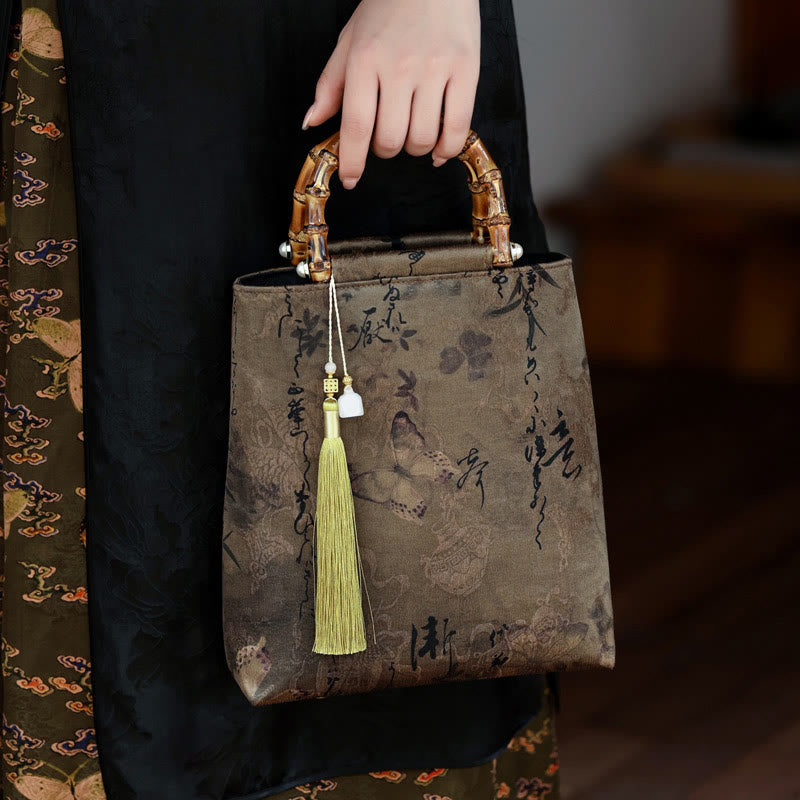 Sac à main avec poignées en bambou, Buddha Stones , feuilles de bambou, papillon, poisson koï