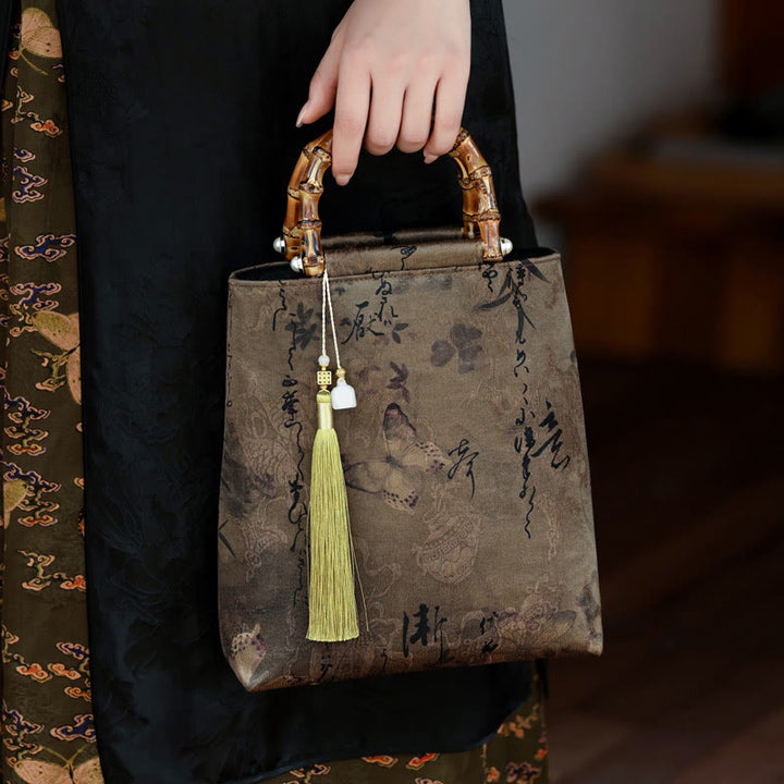 Sac à main avec poignées en bambou, Buddha Stones , feuilles de bambou, papillon, poisson koï
