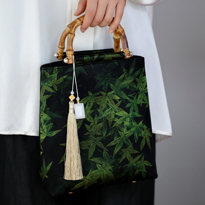Sac à main avec poignées en bambou, Buddha Stones , feuilles de bambou, papillon, poisson koï