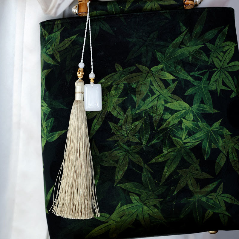 Sac à main avec poignées en bambou, Buddha Stones , feuilles de bambou, papillon, poisson koï