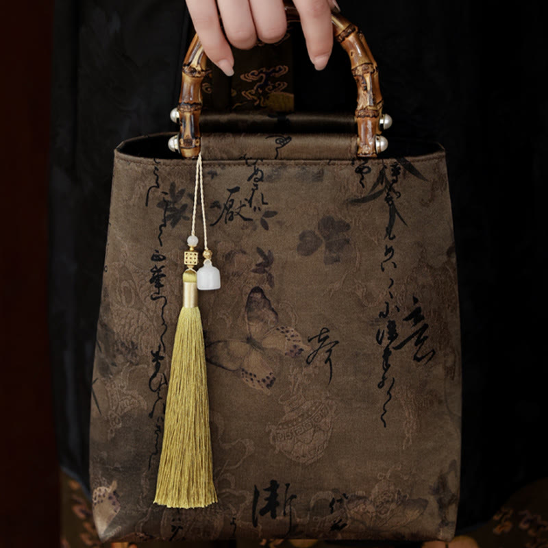 Sac à main avec poignées en bambou, Buddha Stones , feuilles de bambou, papillon, poisson koï