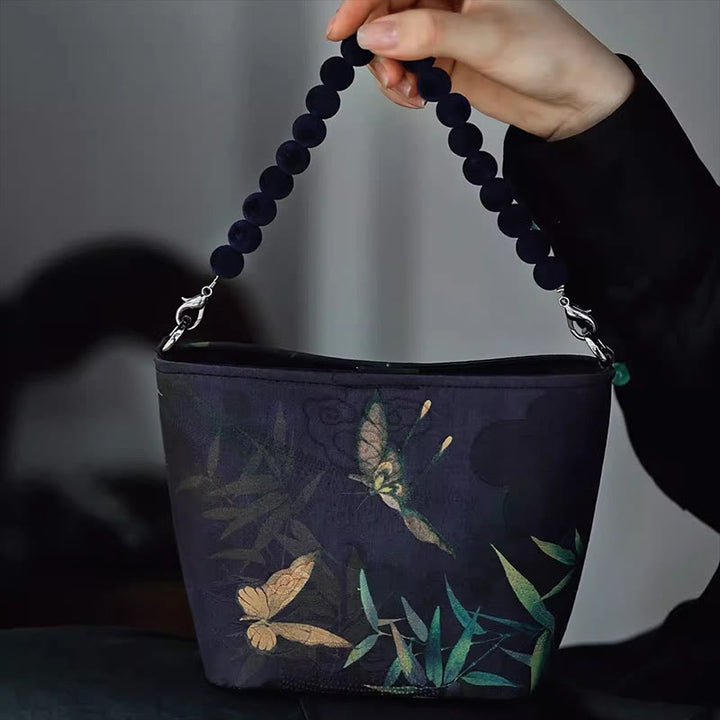 Sac à bandoulière en chaîne métallique avec petites Buddha Stones de bambou, papillon, pivoine, fleurs, pie