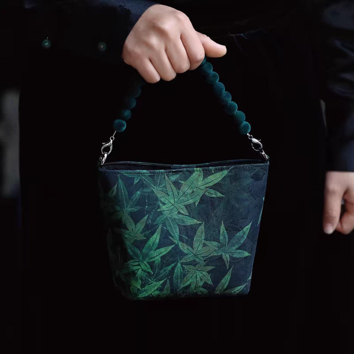 Sac à bandoulière en chaîne métallique avec petites Buddha Stones de bambou, papillon, pivoine, fleurs, pie