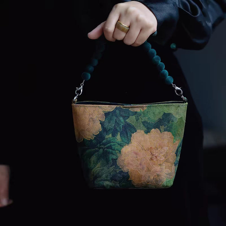 Sac à bandoulière en chaîne métallique avec petites Buddha Stones de bambou, papillon, pivoine, fleurs, pie