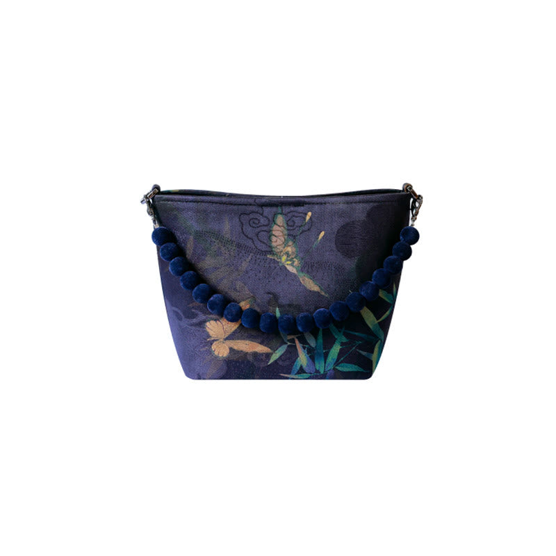 Sac à bandoulière en chaîne métallique avec petites Buddha Stones de bambou, papillon, pivoine, fleurs, pie