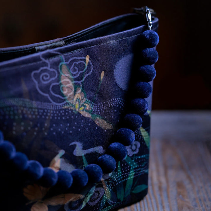Sac à bandoulière en chaîne métallique avec petites Buddha Stones de bambou, papillon, pivoine, fleurs, pie