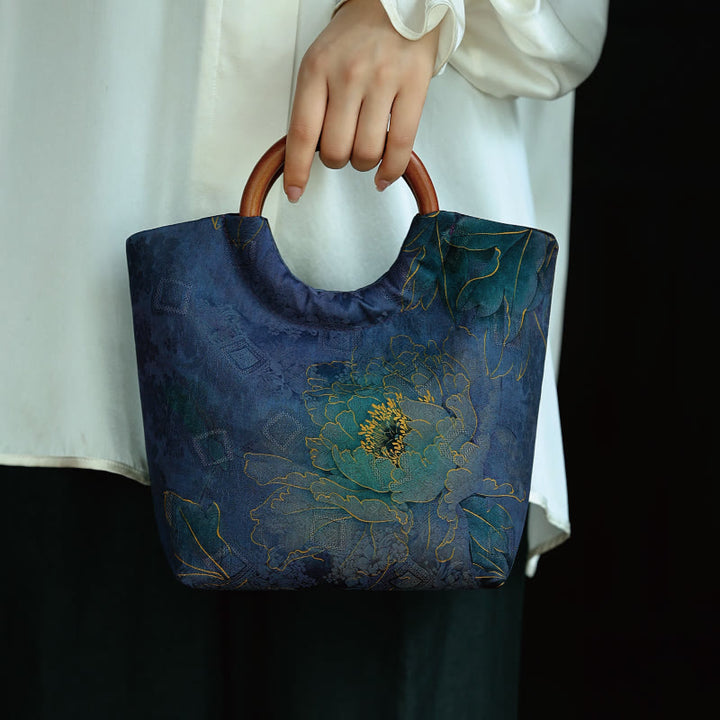 Sac à main avec poignée en bois massif et Buddha Stones de pivoine, feuilles de bambou, oiseau