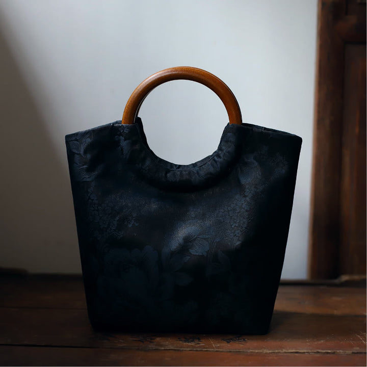 Sac à main avec poignée en bois massif et Buddha Stones de pivoine, feuilles de bambou, oiseau