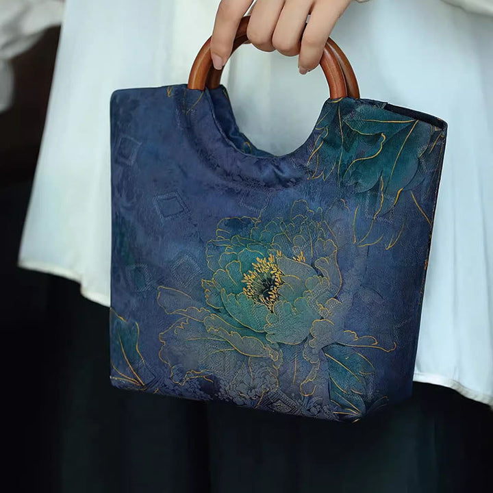 Sac à main avec poignée en bois massif et Buddha Stones de pivoine, feuilles de bambou, oiseau