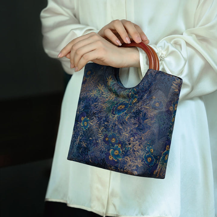 Sac à main avec poignée en bois massif et Buddha Stones de pivoine, feuilles de bambou, oiseau