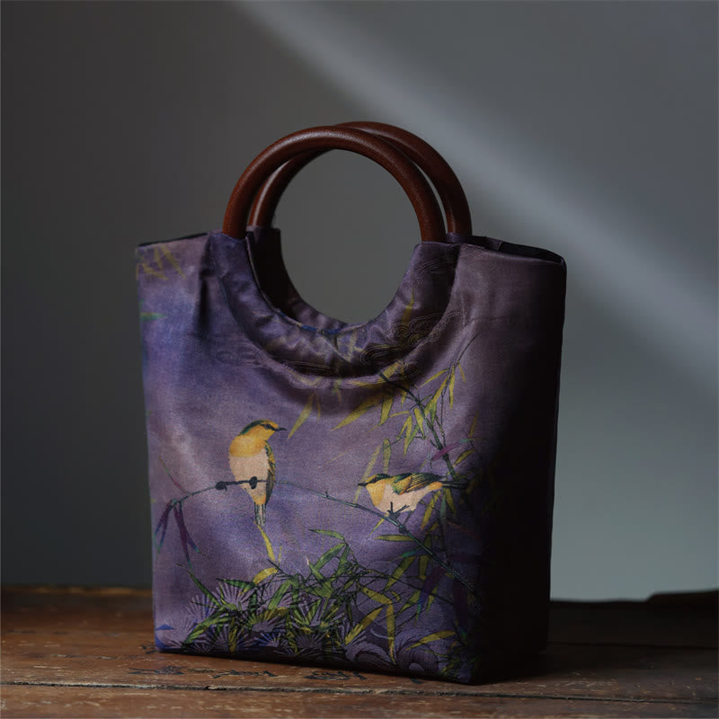 Sac à main avec poignée en bois massif et Buddha Stones de pivoine, feuilles de bambou, oiseau