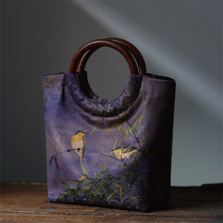 Sac à main avec poignée en bois massif et Buddha Stones de pivoine, feuilles de bambou, oiseau
