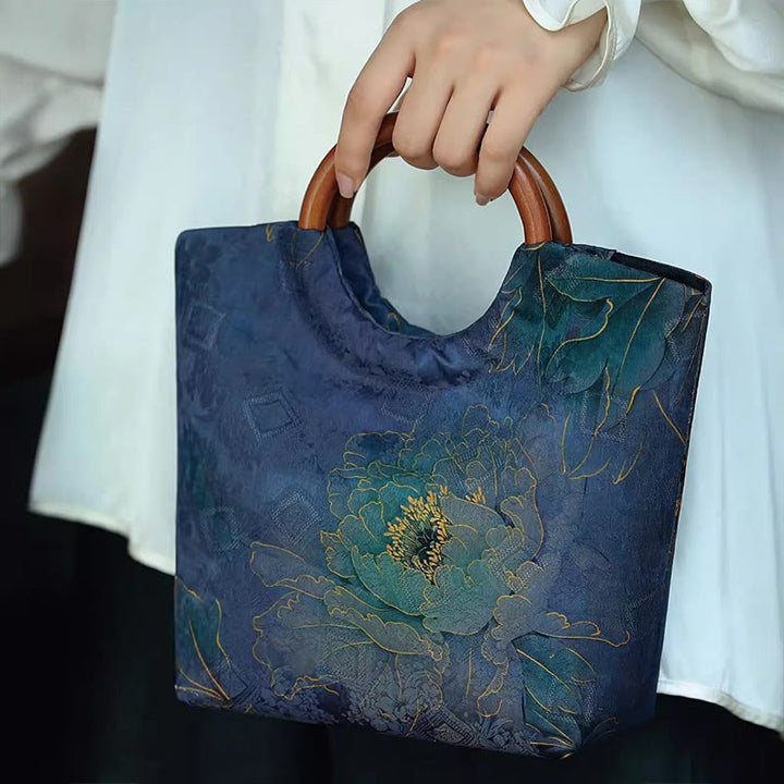 Sac à main avec poignée en bois massif et Buddha Stones de pivoine, feuilles de bambou, oiseau