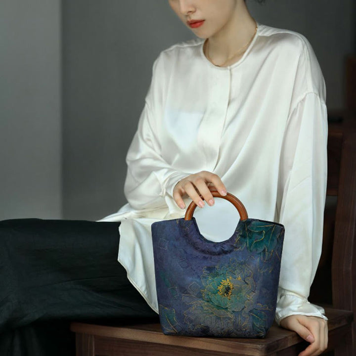 Sac à main avec poignée en bois massif et Buddha Stones de pivoine, feuilles de bambou, oiseau