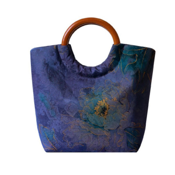 Sac à main avec poignée en bois massif et Buddha Stones de pivoine, feuilles de bambou, oiseau