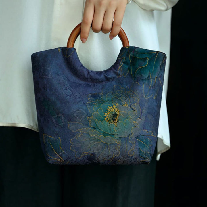 Sac à main avec poignée en bois massif et Buddha Stones de pivoine, feuilles de bambou, oiseau