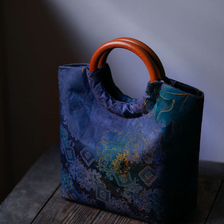 Sac à main avec poignée en bois massif et Buddha Stones de pivoine, feuilles de bambou, oiseau