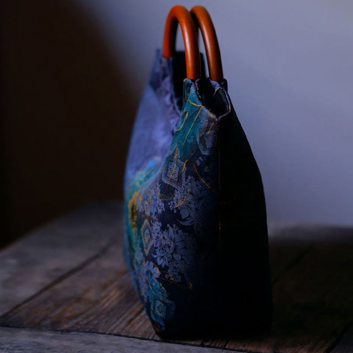 Sac à main avec poignée en bois massif et Buddha Stones de pivoine, feuilles de bambou, oiseau