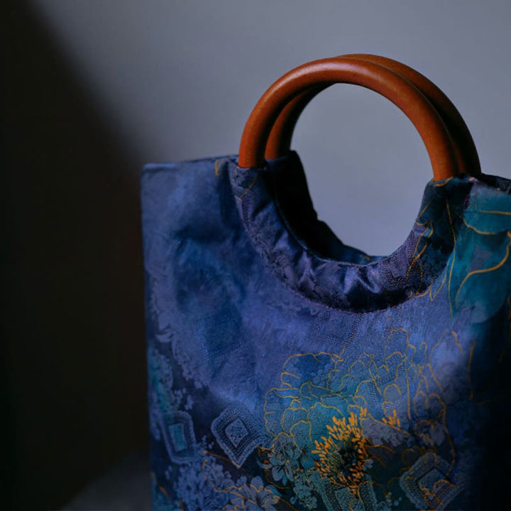 Sac à main avec poignée en bois massif et Buddha Stones de pivoine, feuilles de bambou, oiseau